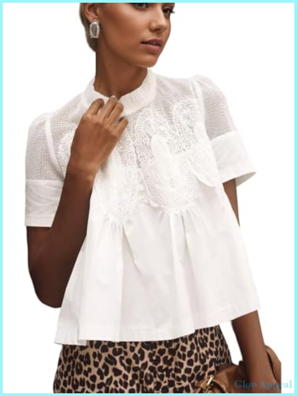 Lace Blouse Mock Neck Puff Short Sleeve Mesh A-Line Pleated Babydoll Top